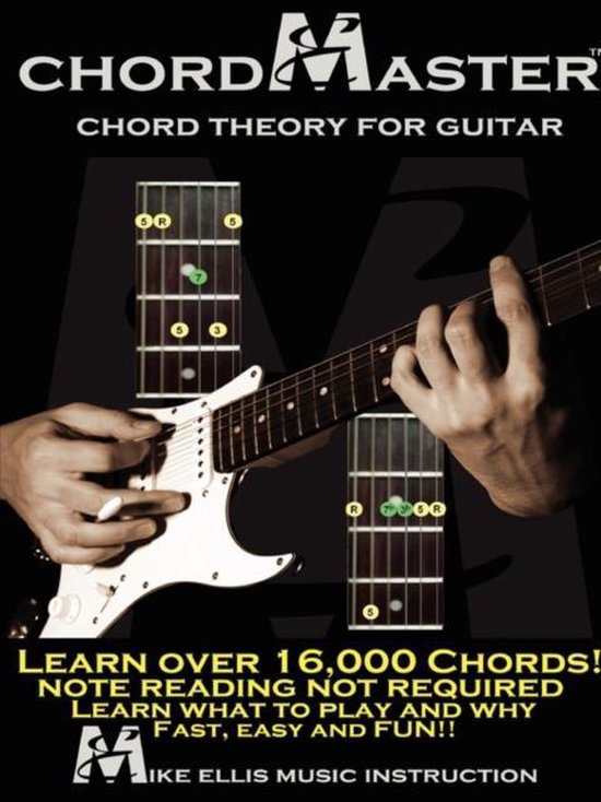 Boek 'Chordmaster Chord Theory for Guitar'. Een witte elektrische gitaar met twee gitaarakkoordschema's erop. Tekst: "CHORDMASTER CHORD THEORY FOR GUITAR. LEARN OVER 16,000 CHORDS!"