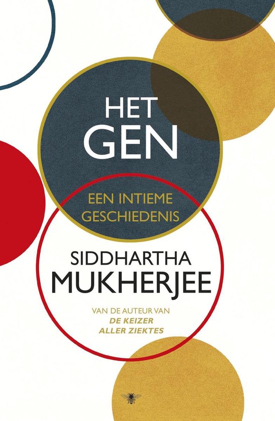 Couverture du livre 'Het gen'. Cercles rouges, bleus et jaunes sur fond blanc.