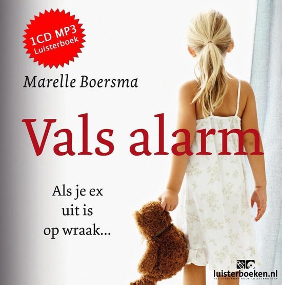 Valkse alarm luisterboek van Marelle Boersma, met een meisje in een witte jurk die een teddybeer vasthoudt.