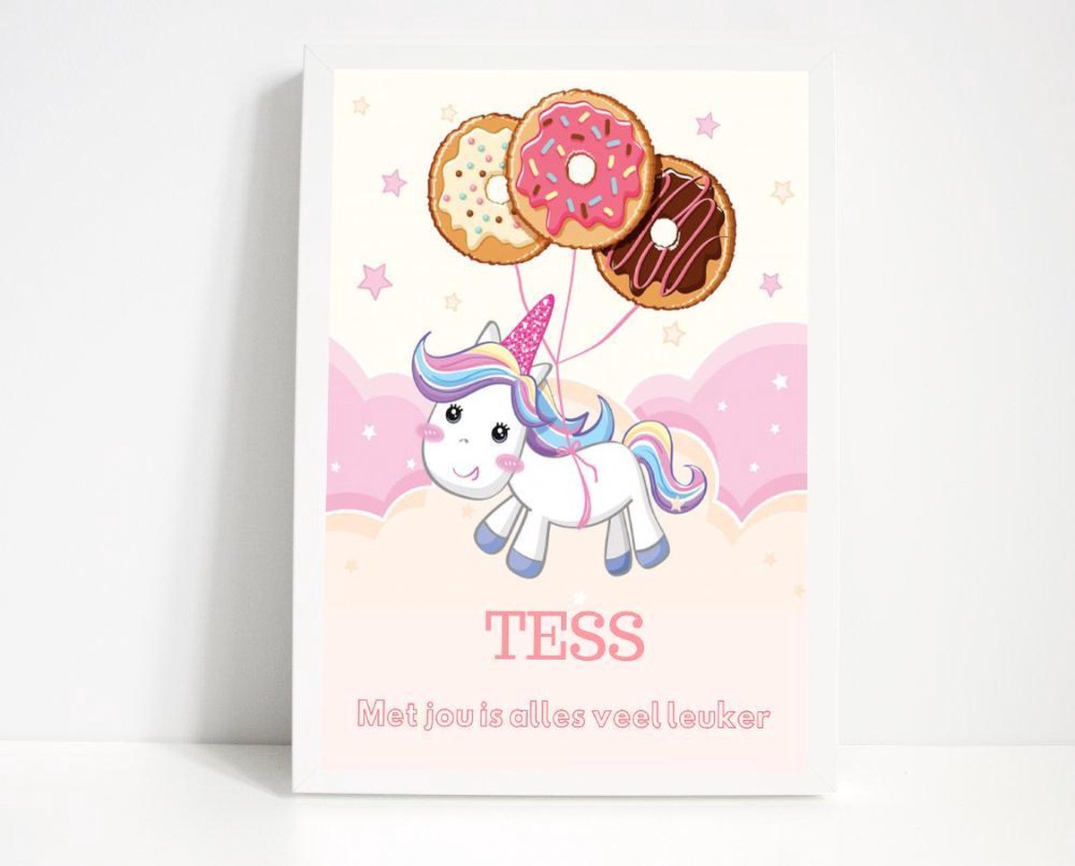Gepersonaliseerde poster babykamer of kinderkamer, poster met naam van kind, gepersonaliseerd kraamcadeau. Inclusief fotolijst ! 21x30 cm (A4). Unicorn en donuts.