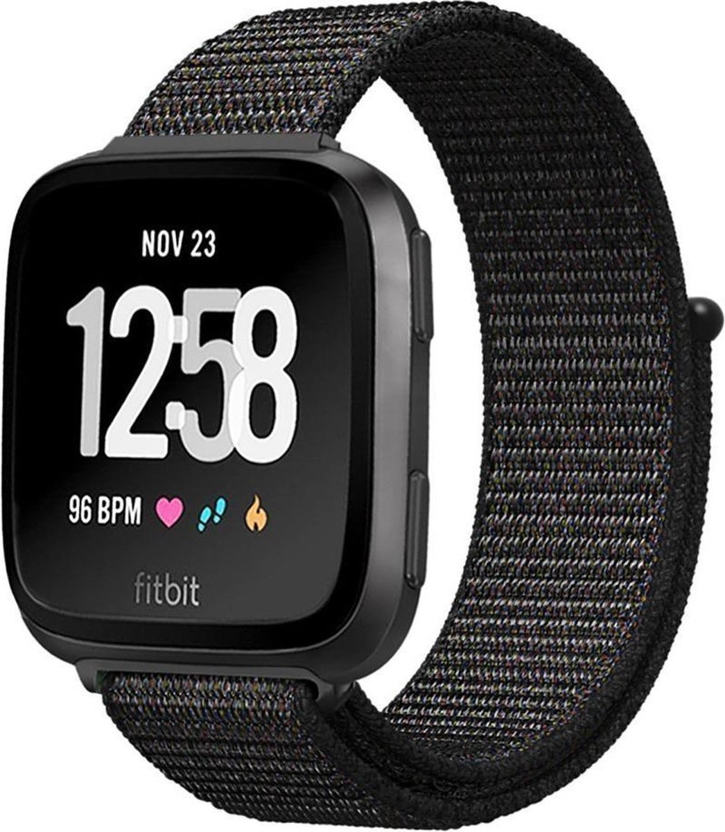 KELERINO. Nylon bandje geschikt voor Fitbit Versa (Lite) - Zwart
