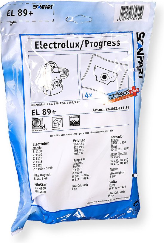 Scanpart stofzuigerzakken 4 stuks - Geschikt voor Electrolux Mondo - Progress Diamant Elyps - E44 E49 P57 - Inclusief 1 filter - Alternatief