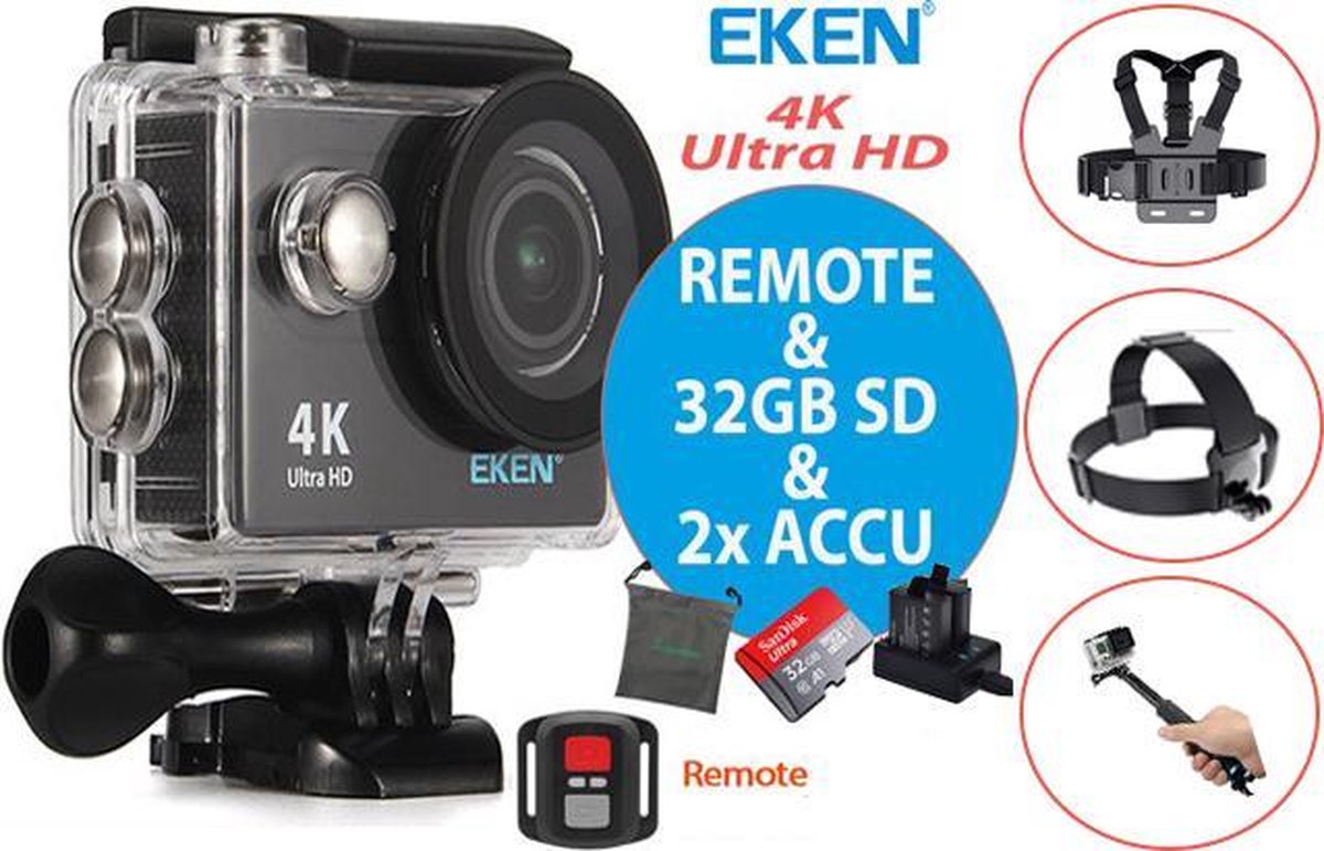 EKEN H9R + Sandisk 32GB SD + Extra Accu + Borstband + Hoofdband + Selfie Stick + Dual accu lader + 2