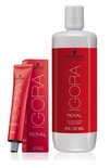 Schwarzkopf IGORA ROYAL tube en doos naast een witte fles met ontwikkelaar.