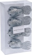 4x Kersthangers op clip glitter vogel zilvergrijs 17 cm - Kerstboom decoratie - Zilvergrijze kerstversieringen