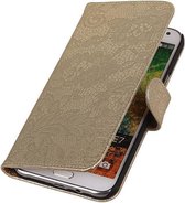 Samsung Galaxy E5 - Lace Bloem Design Goud - Book Case Wallet Cover Hoesje