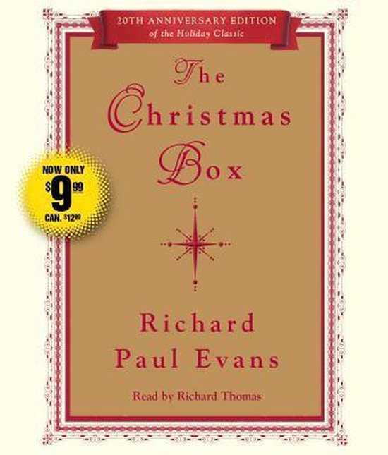 Boekomslag van The Christmas Box, gouden achtergrond met rode tekst, een ster-icoon en een gele actiesticker met prijs.