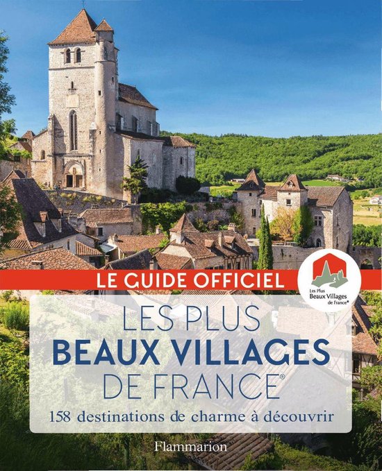 Guide officiel 'Les Plus Beaux Villages de France' proposant 158 destinations de charme. Un château/église en pierre domine une colline en haut de page.