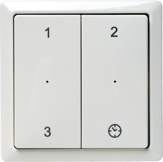 Wit afstandsbedieningspaneel met 2 knoppen. Knop 1, 2 en 3 zijn genummerd. Knop 4 heeft een klokicoon.