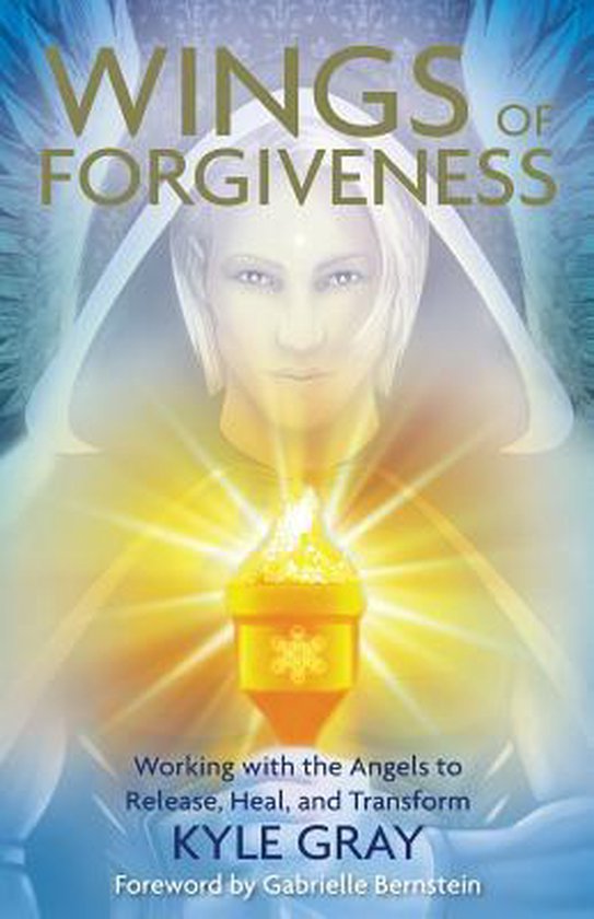 Boekomslag met de titel 'Wings of Forgiveness' en een engelachtig figuur met een lichtgevende gloed.