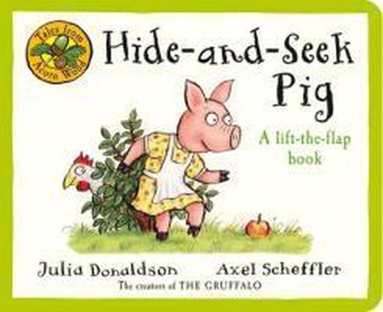 Livre "Hide-and-Seek Pig", avec un cochon dans une robe et un tablier, cherchant un poulet dans des buissons. "A lift-the-flap book."
