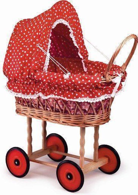 Egmont Toys rieten Poppenwagen met rode stoffen kap