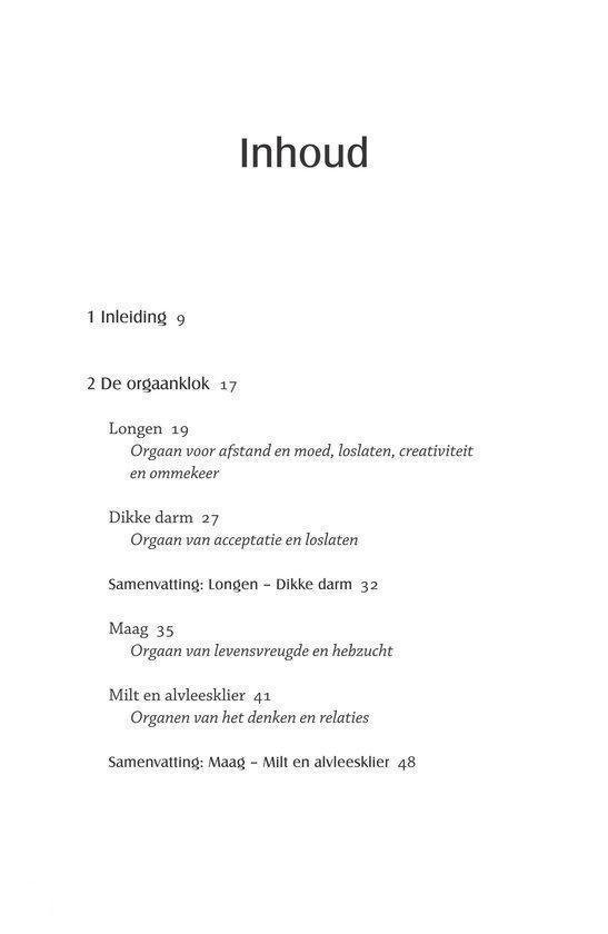 Inhoudsopgave van een boek met hoofdstukken over de 'orgaanklok', longen, dikke darm, maag, milt en alvleesklier.