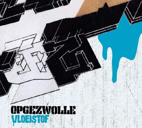 Zwart-witte abstracte vormen met blauwe verf die druipt. Tekst: OPGEZWOLLE VLOEISTOF.