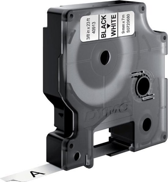 DYMO D1 cassette met zwarte tekst op wit label, 9 mm x 7 m.