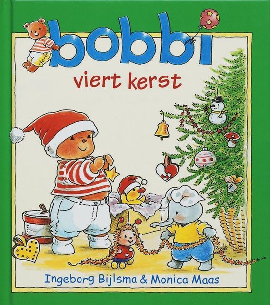 Bobbi viert kerst: Een beer, kuiken en olifant versieren een kerstboom.