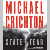 Boek "State of Fear" door Michael Crichton, met rode letters boven een stormachtige lucht en bliksem.