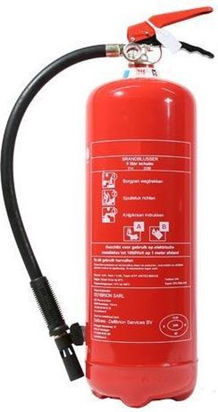 Rode schuim brandblusser met zwarte slang en hendel. Teksten op de blusser: 'BRANDBLUSSER 6 liter schuim'.