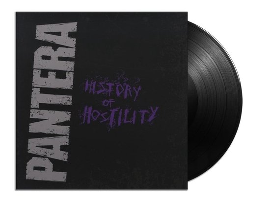 Zwarte vinyl-LP in een hoes met de tekst 'PANTERA' in grote grijze letters en 'HISTORY OF HOSTILITY' in paarse letters.