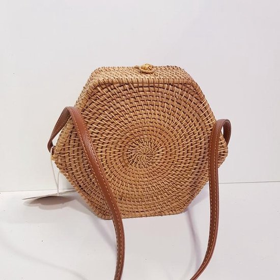 ronde rieten rotan tas round brown classic Bali rattan bag 24cm Bruine  handgemaakte tas | bol.com
