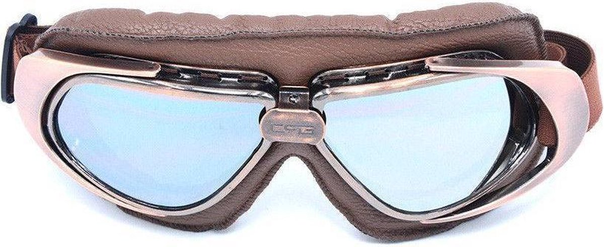 Vintage bruin leren motorbril zilver reflectie glas