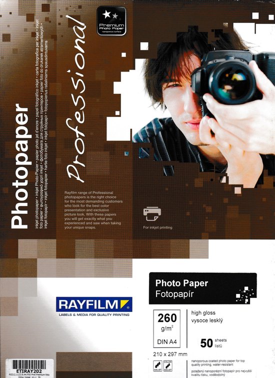 Professioneel fotopapier, hoogglans, 260 g/m², DIN A4, 210 x 297 mm, met een man met een camera.