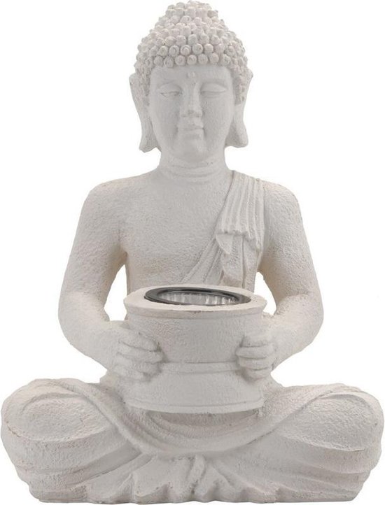 Witte solar Boeddha beeld tuinverlichting 31 cm - Solarverlichting/Tuinverlichting in beelden