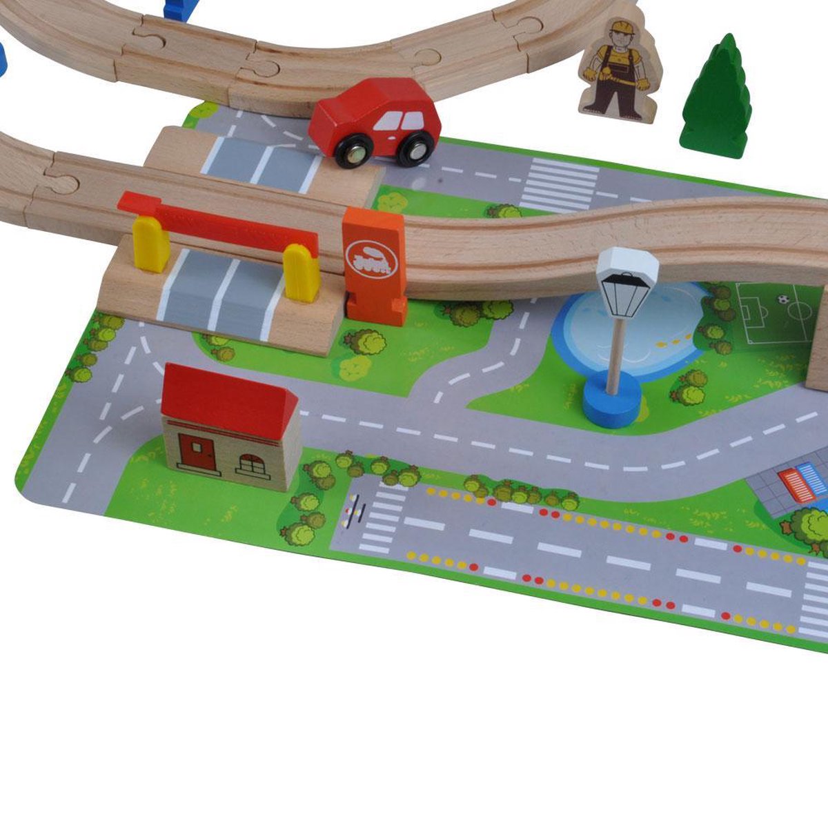 Bandits & Angels Houten Treinset 100 delig met Grondplaat vanaf 3 jaar voor Jongens en Meisjes - Trein Set van Hout met 100 delen - inclusief 2 Treinen en Grondplaat - Treinbaan voor Kinderen met Accessoires — afbeelding 4