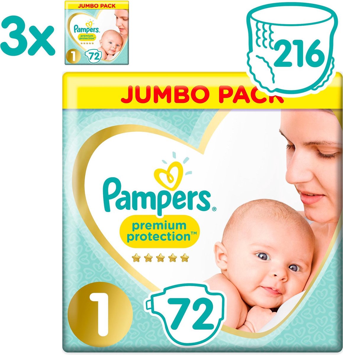 Pampers Premium Protection Luiers - Maat 1 (2-5 kg) - 216 stuks - Jumbo Pack - Pampers