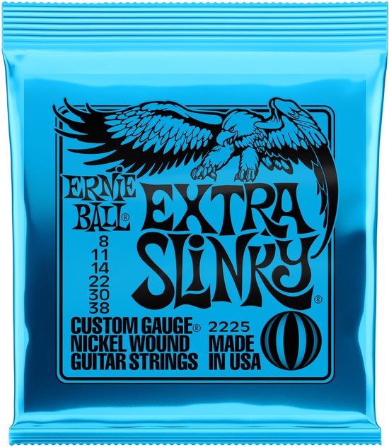 Blauwe verpakking Ernie Ball Extra Slinky elektrische gitaarsnaren met adelaar en maat 08-11-14-22w-30-38.