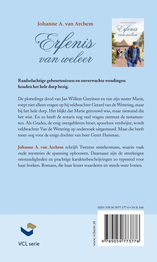 Boek 'Erfenis van weleer' van Johanne A. van Archem. Een boer en een politieagent met een vrouw op de achtergrond.