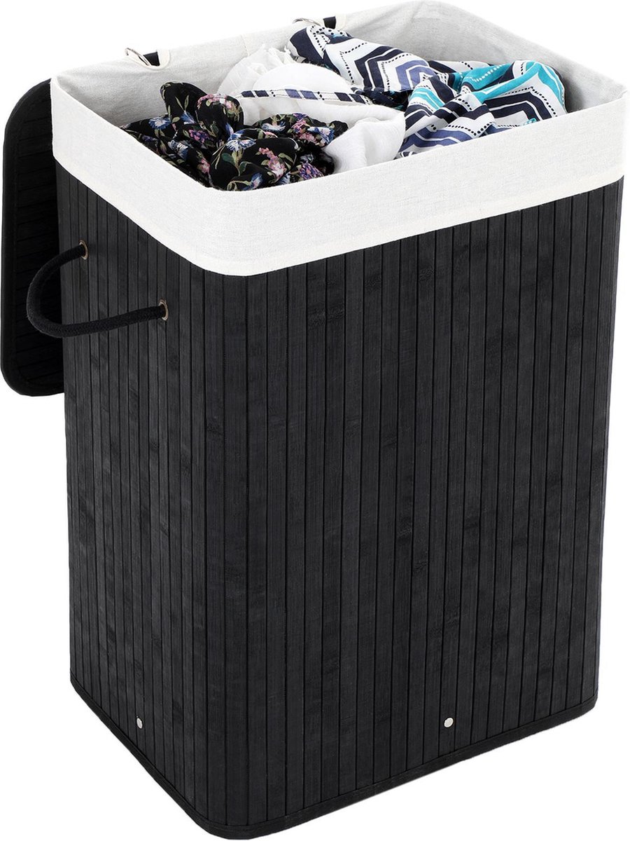 Songmics - Opvouwbare Wasmand Bamboe - Wasmand - 72L Zwart