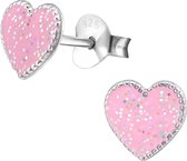 Joy|S - Zilveren hartje roze glitter oorbellen