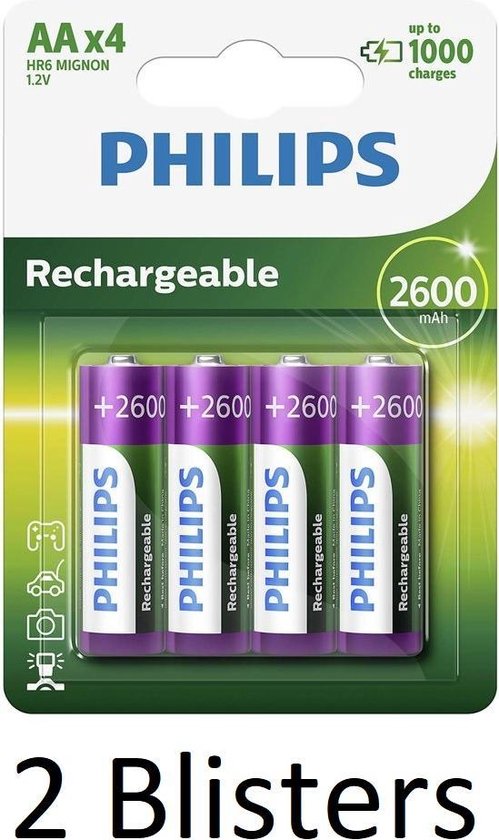 bol.com | 8 Stuks (2 Blisters a 4 st) Philips AA Oplaadbare batterijen