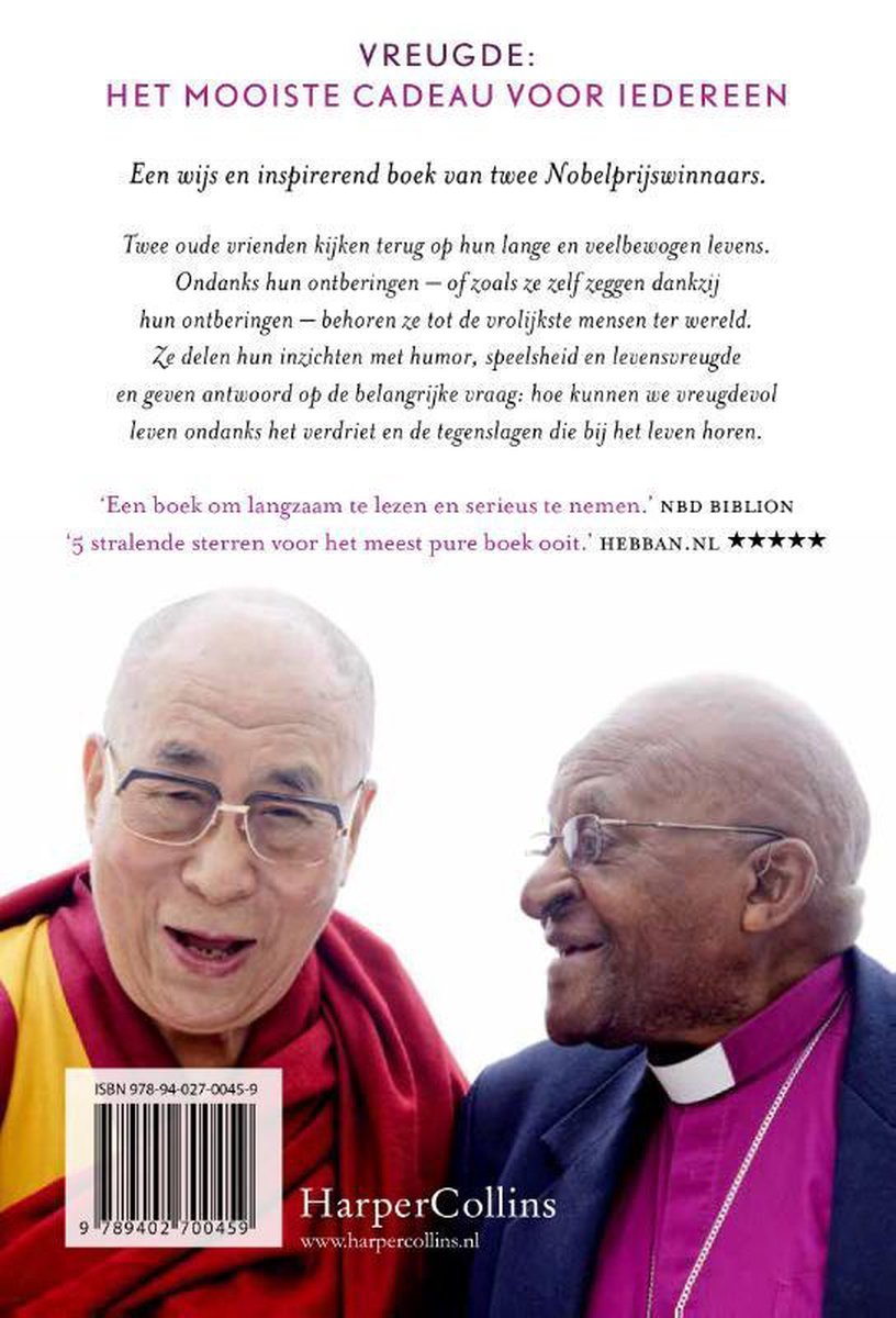 De Dalai Lama en aartsbisschop Desmond Tutu kijken naar elkaar, met tekst "Vreugde: het mooiste cadeau voor iedereen".
