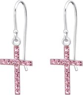 Joy|S - Zilveren kruis oorbellen roze kristal oorhangers