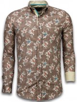 Italiaanse Overhemden - Slim Fit Overhemd - Blouse Woven Flowers Pattern - Bruin