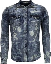 Denim Overhemd - Slim Fit Lange Mouwen Heren - Leger Motief - Blauw