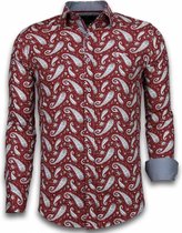 Italiaanse Overhemden - Slim Fit Overhemd - Blouse Flower Pattern - Bordeaux