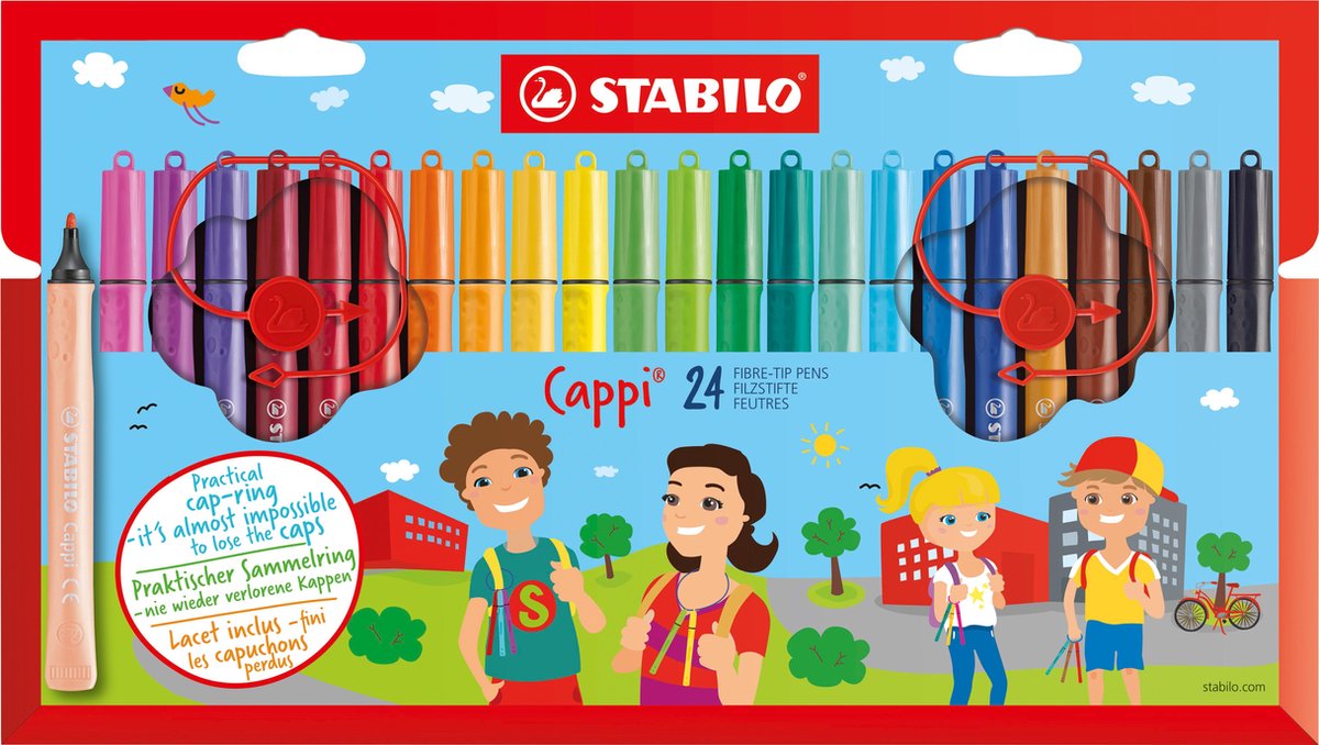 STABILO Cappi - Viltstift - Nooit Meer Je Dop Kwijt Dankzij De Dopring - Etui Met 24 Kleuren + 2 Dop
