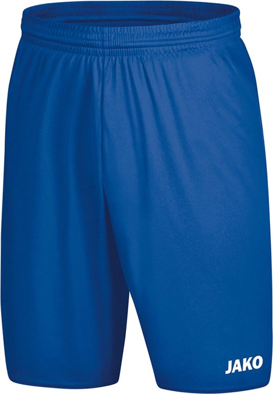 Short JAKO Manchester 2.0 bleu avec ceinture élastique et logo blanc.