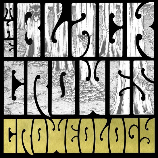 Albumhoes met de titel 'Croweology', met tekst in een bosontwerp in zwart-wit. De tekst 'Croweology' staat onderaan in goud.