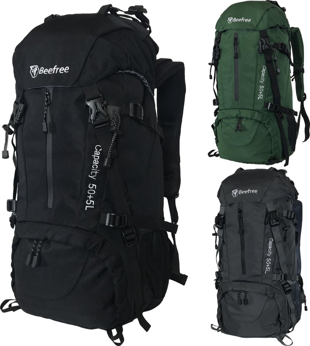 Beefree Backpack - Rugzak - Inclusief regenhoes - 55 Liter - Zwart