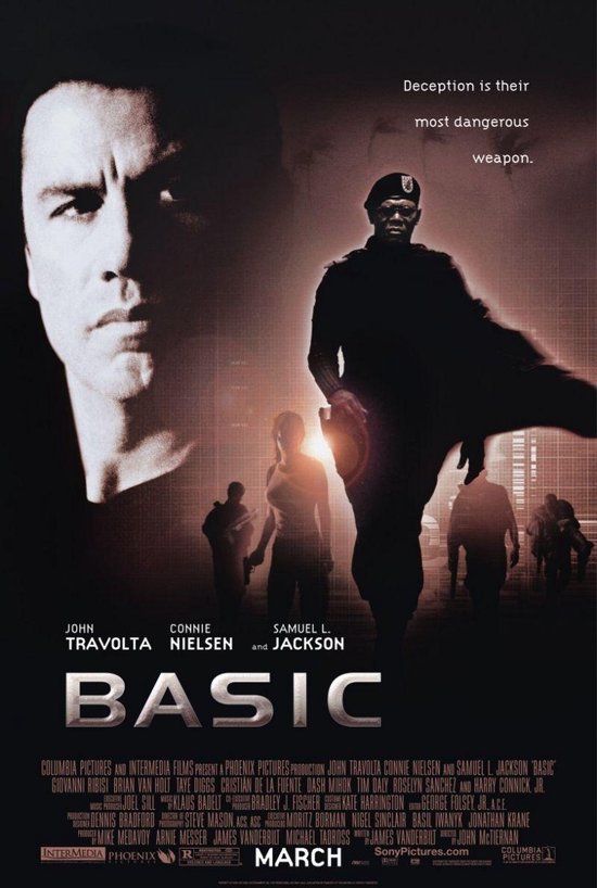 Film "Basic" met John Travolta, Connie Nielsen en Samuel L. Jackson. "Deception is their most dangerous weapon."