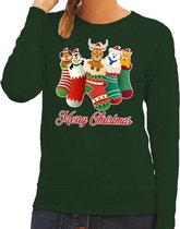 Foute Kersttrui / sweater kerstsokken met diertjes - Merry Christmas - groen voor dames L (40)