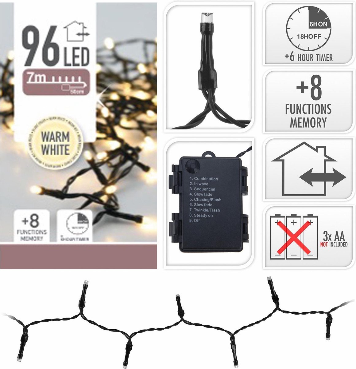 Bol.com Kerstverlichting - op batterij - 96 LED lampjes - warm wit - 7 m aanbieding