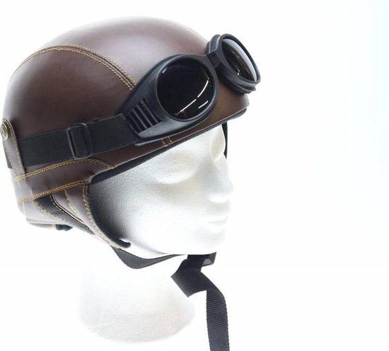 Retro bruin leren pothelm + Aviator motorbril zwart | solex helm | maat M/L  | bol.com