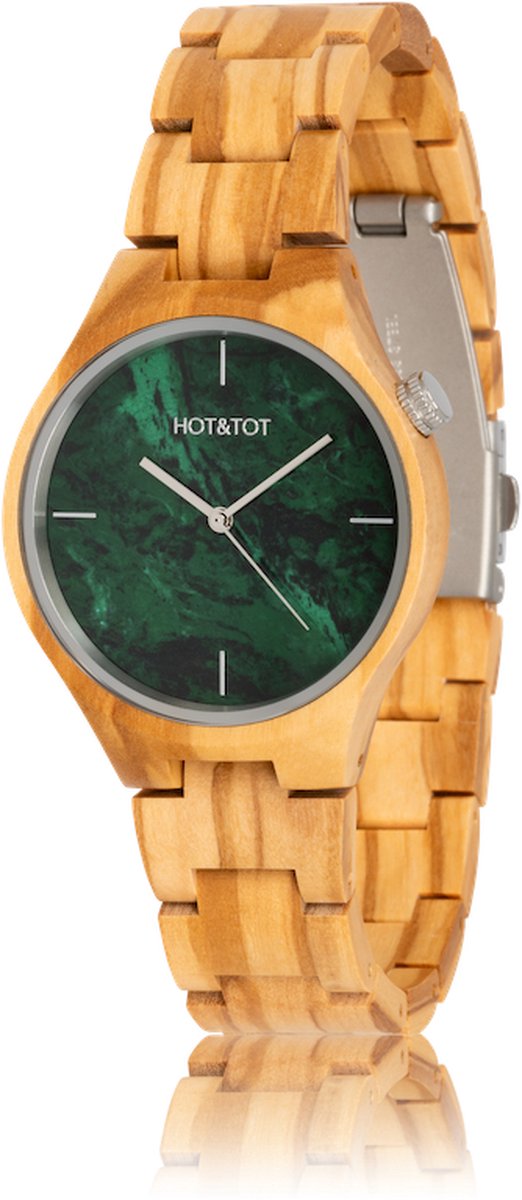 HOT&TOT | Volea - Houten horloge - 40mm - Groen marmer - Olijfhout - Zilver
