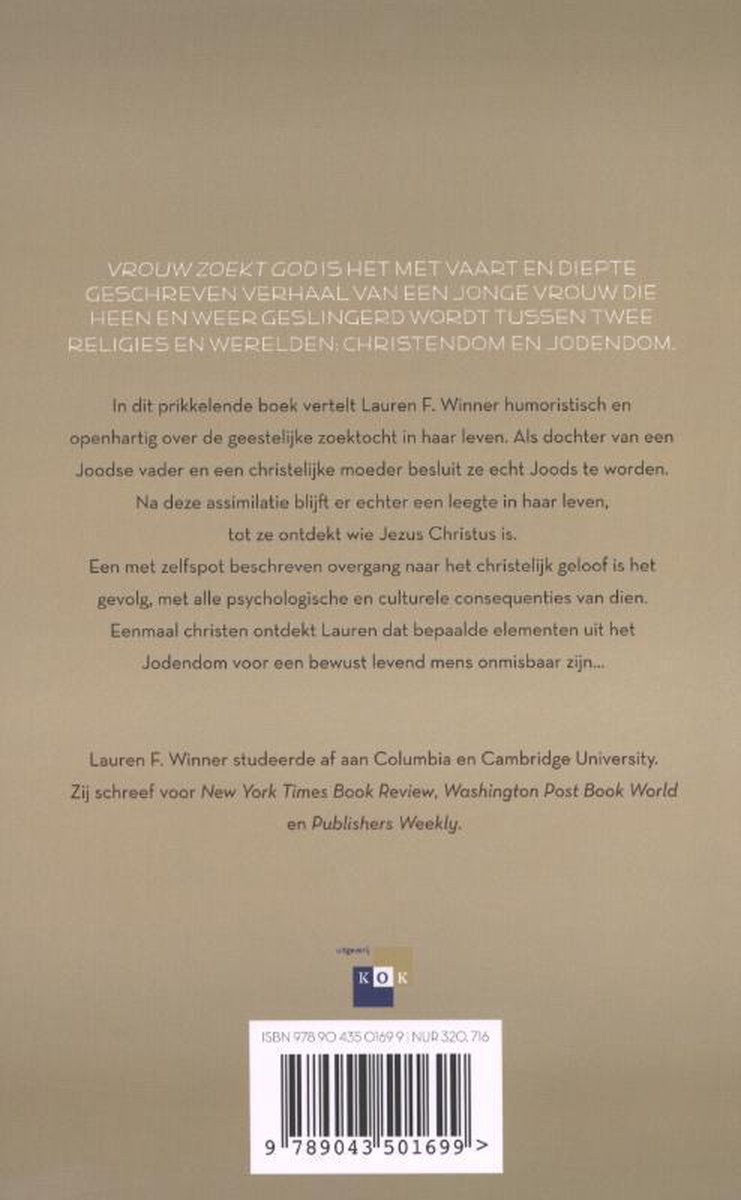 Boekomslag van 'Vrouw Zoekt God' door Lauren F. Winner, met tekst en ISBN.