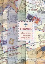 Reisdagboek met kaft bezaaid met postzegels, vliegtuigpost en reisstempels. Titel: TRAVEL.
